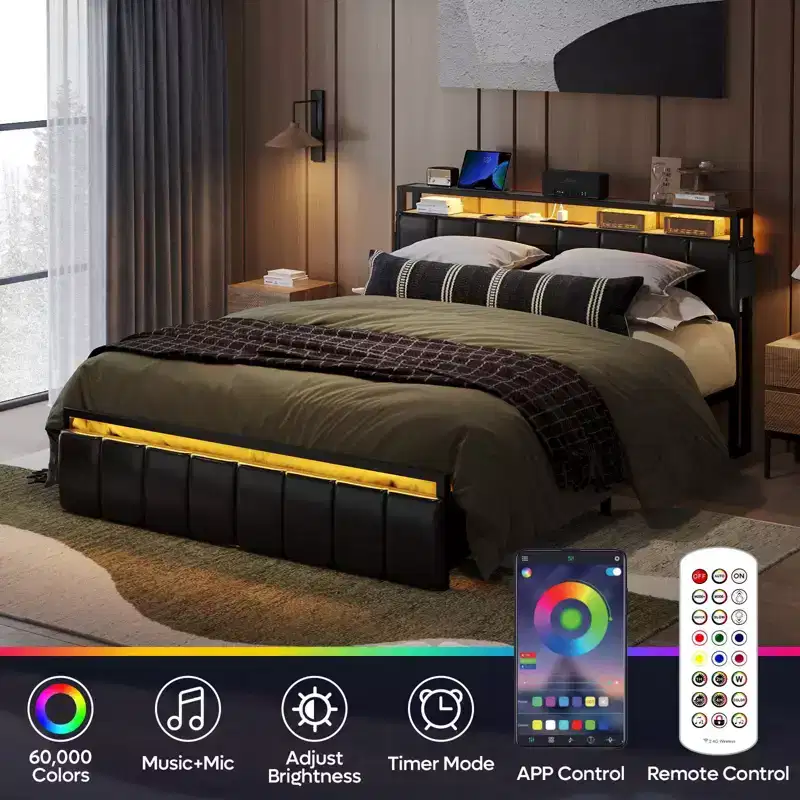 Bestier Full Bed Frame with Hidden Storage Headboard&Dual LED Light,Black PU Leather Bed with 2 Drawers, 2 Tier Shelves with Charging Station