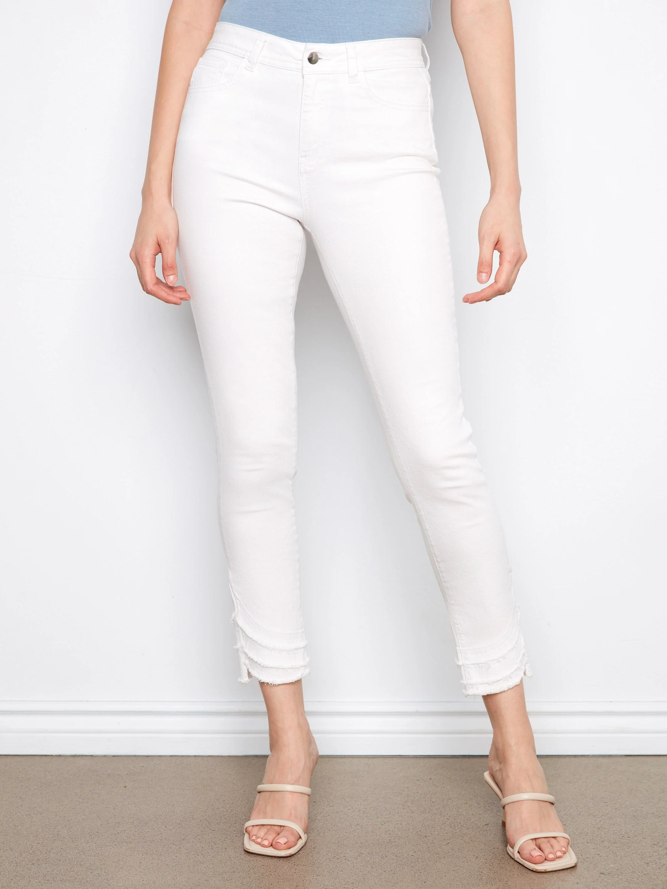 Frayed Hem Twill Pants - White