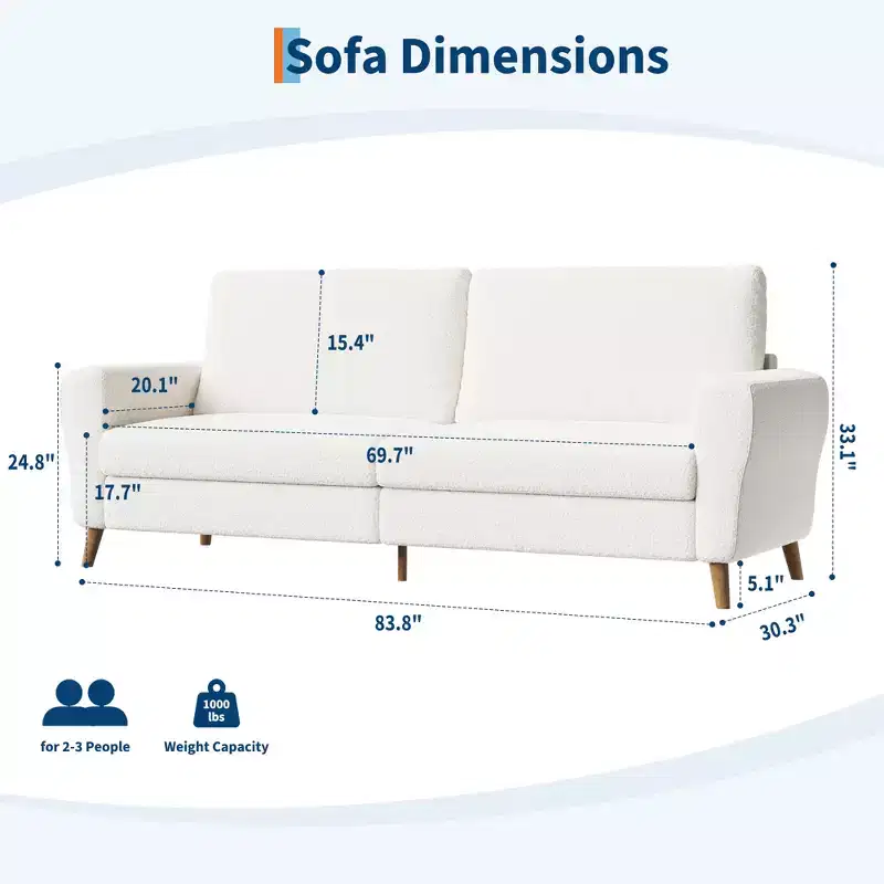 84 Sofa Couch, Large Loveseat Sofa with Streamlined Armrests & Wood Feet, Modern Boucle Sofa, White