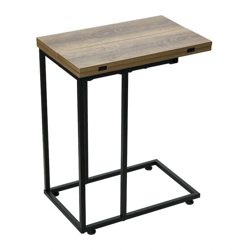 C-Shape Side Table, Faux Stone Top, Black Frame, Space-Saving Design