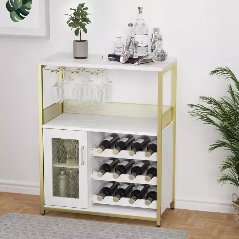 Industrial 3-Tier Wine Bar Cabinet  Adjustable Shelves, Glass Holders, Mesh Door  Vintage Kitchen, Living Room, Dining Area Sideboard