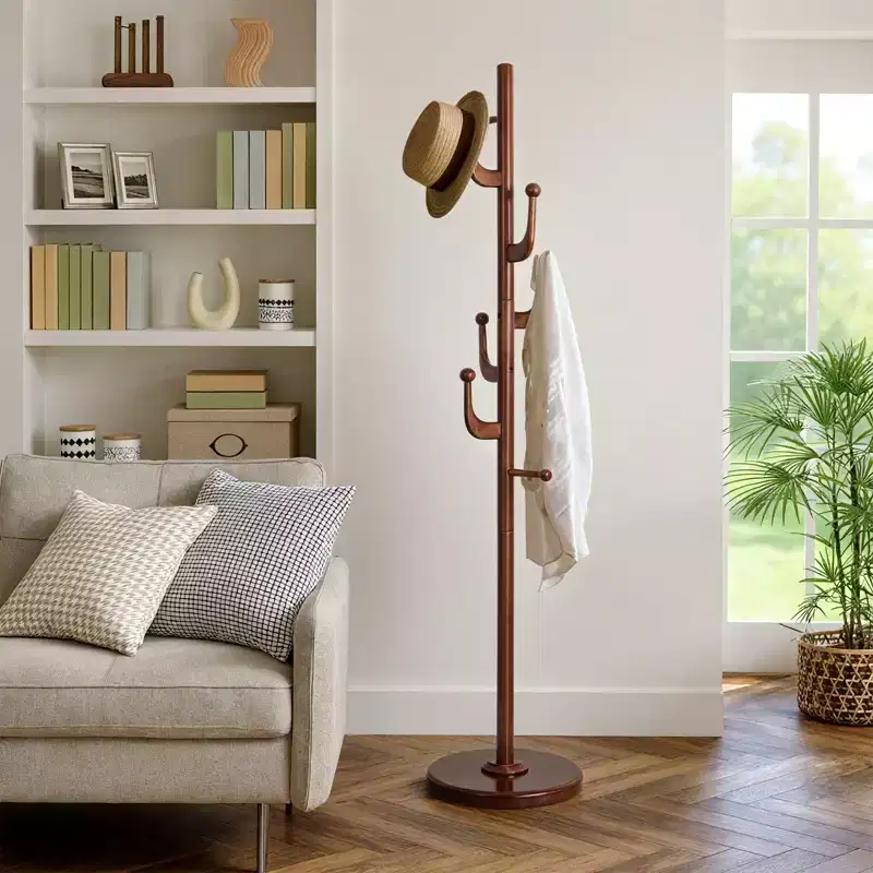Cactus Freestanding Coat Rack, Solid Wood Coat Tree with 7 Hooks and Sturdy Round Base for Entryway