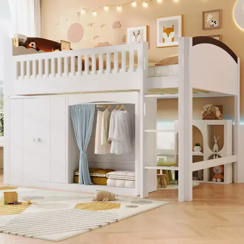 Twin Size Loft Bed Frame with Storage Cabinet, Wardrobe and Wooden Slats