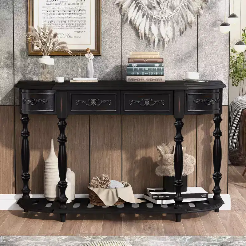 52'' Classic Curved Console Table with 4 Drawers and Lower Shelf, Solid Wood Entryway Table with Ample Storage for Hallway, Living Room