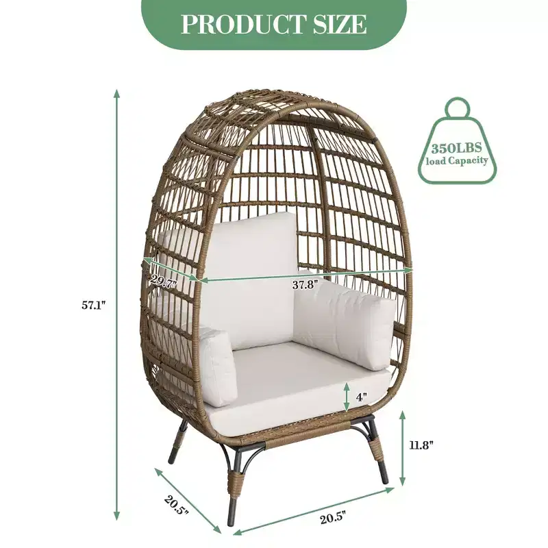 GustoWave Oversized Wicker Egg Chair with Cushions, Rattan Lounge Chair with Steel Frame for Patio, Porch, or Indoor Use