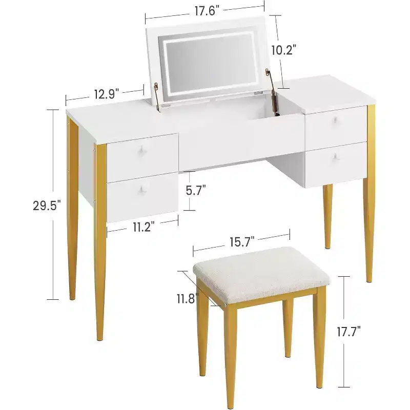 Acekool 47 Makeup Vanity Desk with Flip Top Mirror, LED Lights, 3 Lighting Modes, 5 Drawers, 3-in-1 Table with Chair, White & Gold