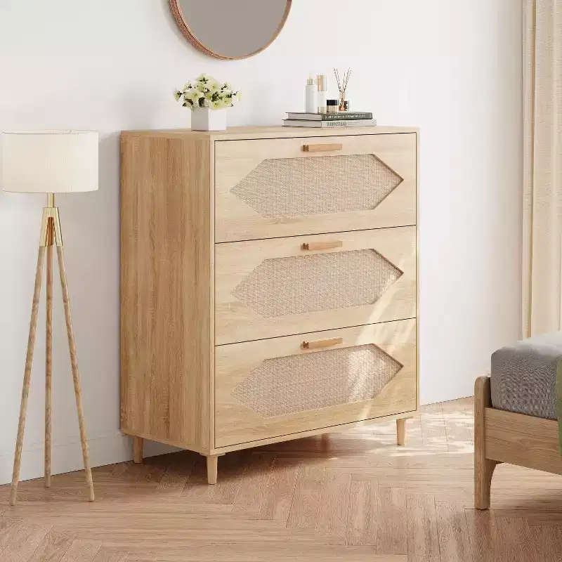 3 Drawer Rattan Dresser for Bedroom,Wood Chest of Drawers, Wooden Storage Cabinets for Bedrooms, Hallways, Living Rooms, and Entryways