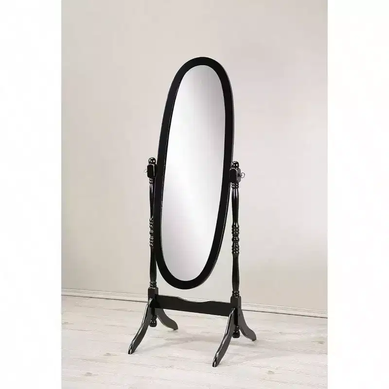 Traditional Black Queen Anne Cheval Mirror. Wood Floor-Standing, Full-Length Tilting Mirror for Elegant Home Decor