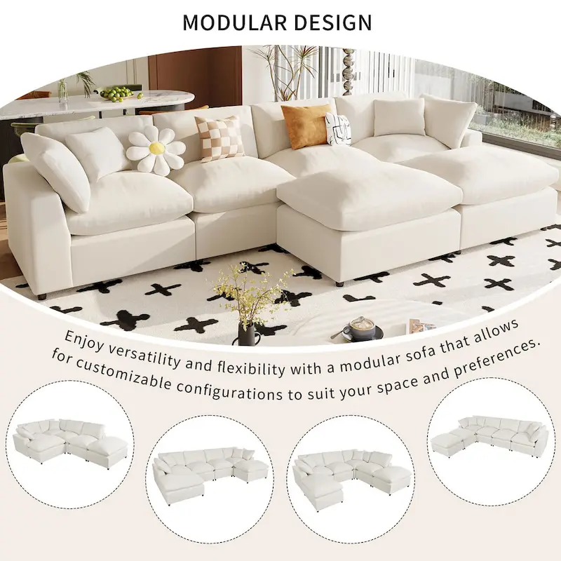 Beige 134.40 Modern U-Shaped 6 Seater Sectional Sofa with 2 Large Chaises, Removable Ottomans and Soft Cushions