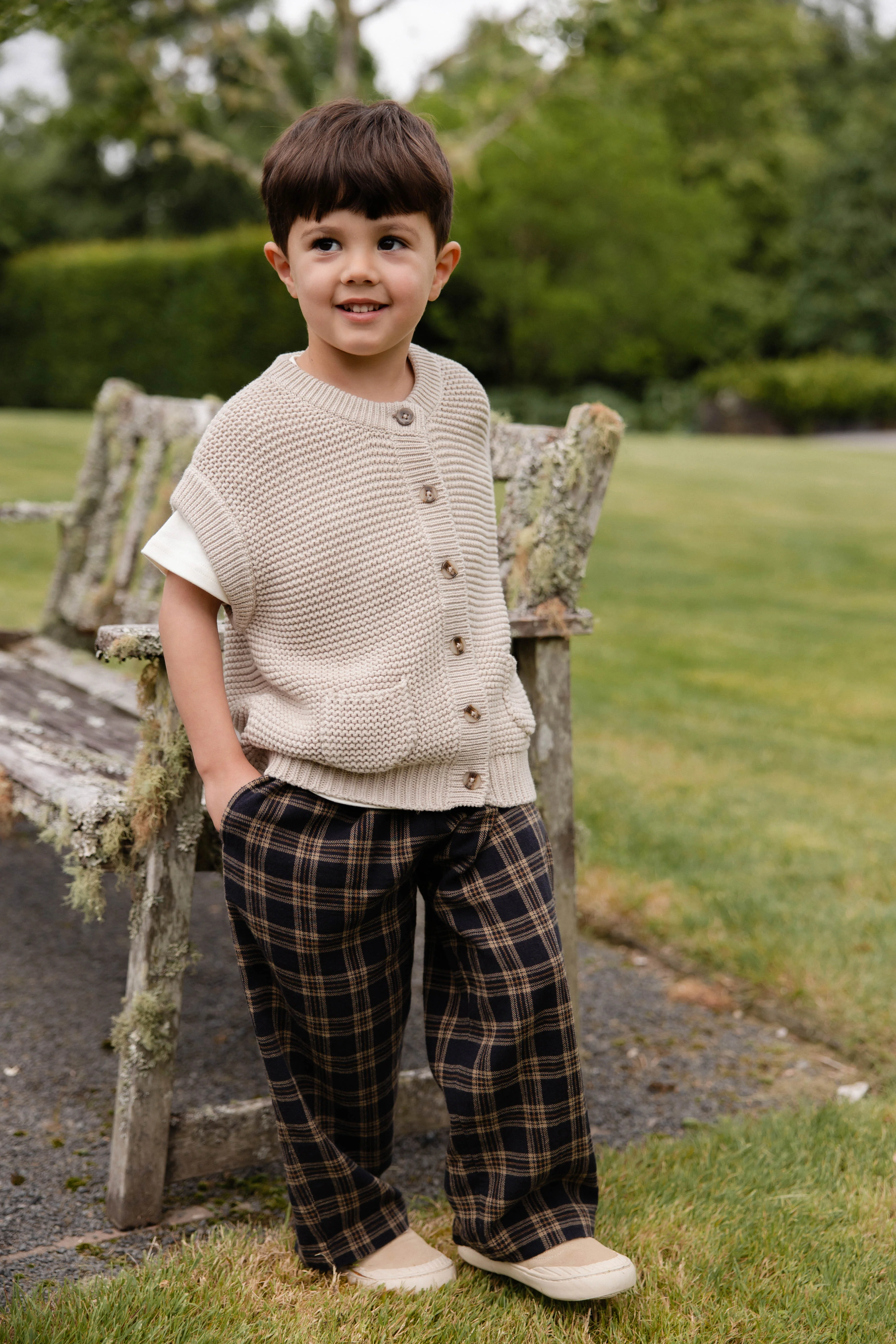 Classic Earthy Woodland Check Organic Cotton Relaxed Pant with Decorative Waist Tie for Kids 6M–8Y