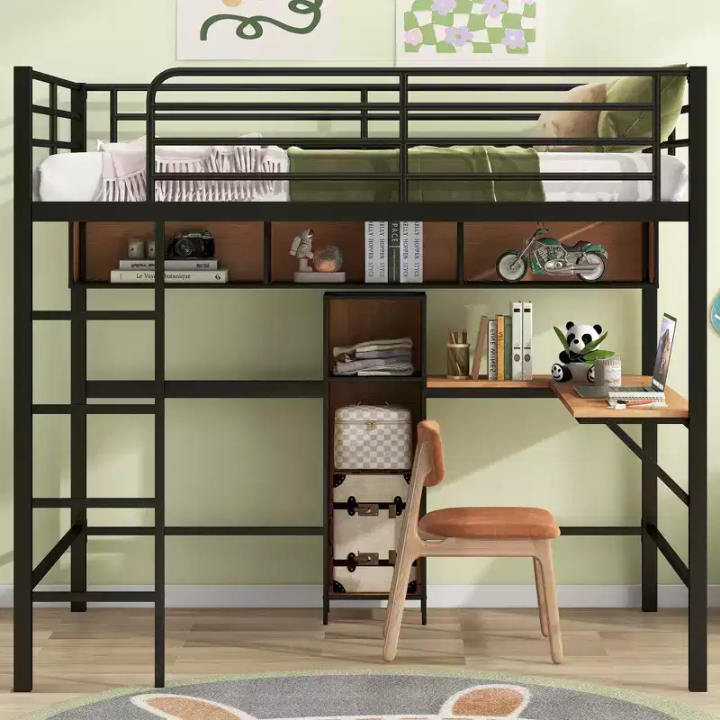Full Size Loft Bed with L-Shaped Desk and Shelves, Metal & Wood Loft Bed Frame, Black and Brown