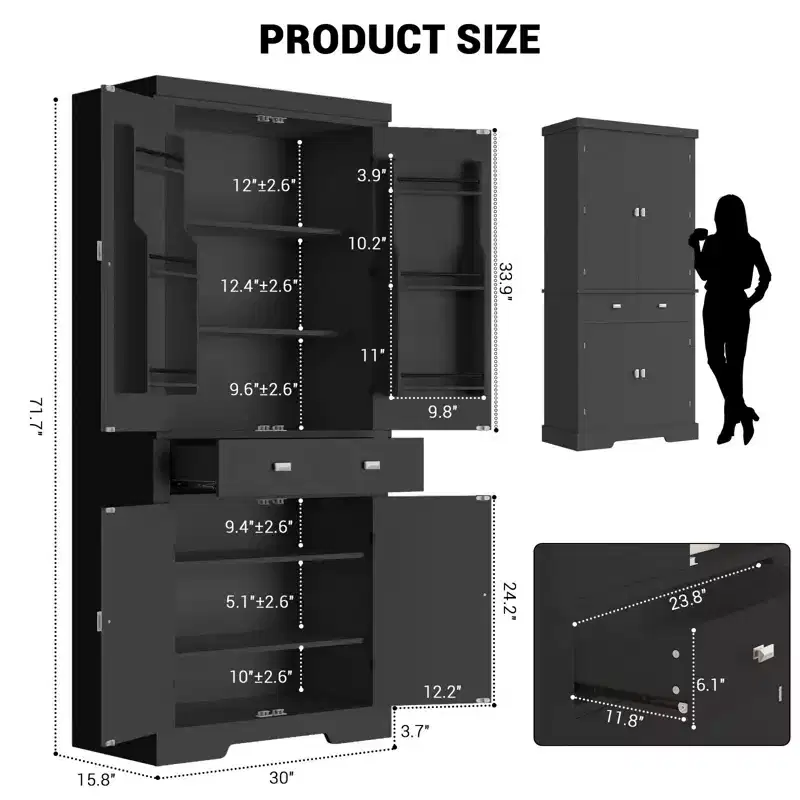 71.7 Tall Kitchen Pantry Cabinet, Freestanding Cupboard Storage Cabinet with Adjustable Shelves, Wooden Kitchen Hutch Bar Cabinet