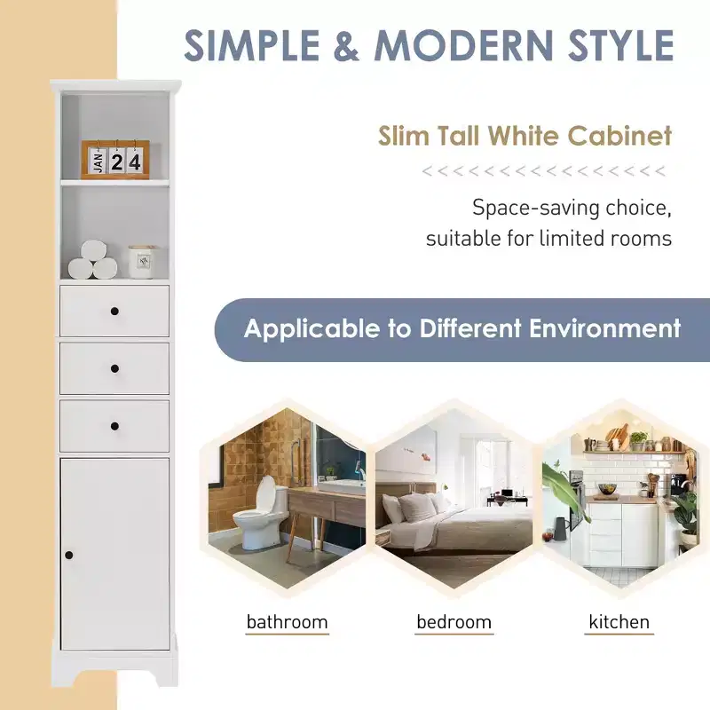 Tall Bathroom Cabinet with 3 Drawers and Adjustable Shelves