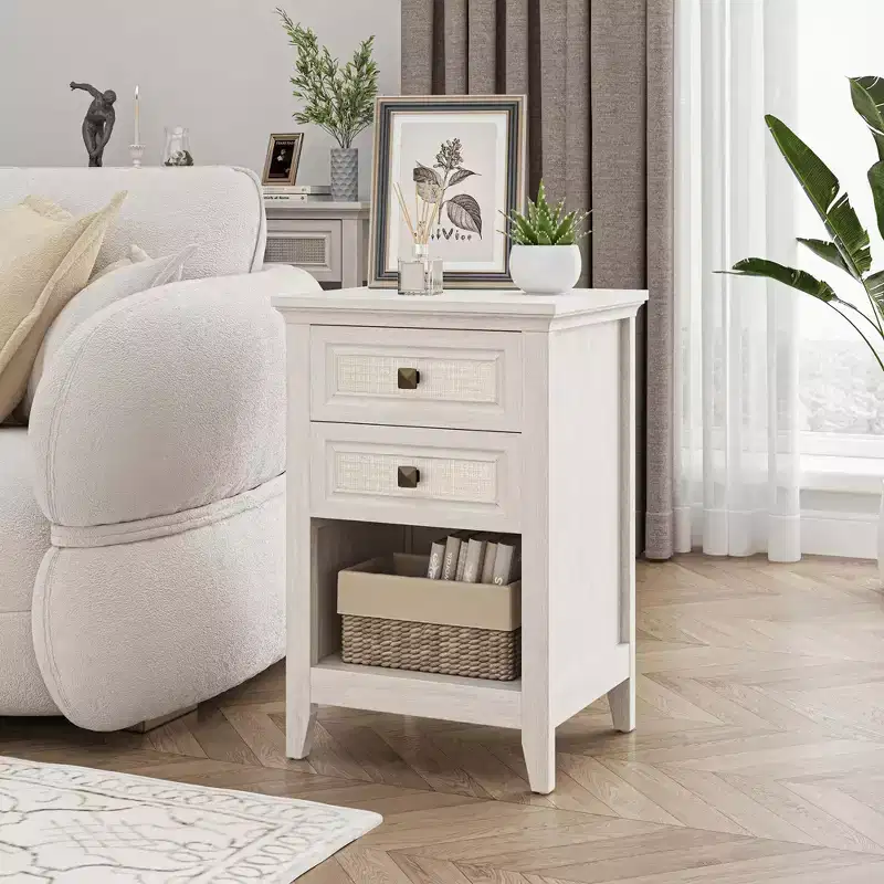 Boho Rattan Nightstand with 2 Drawers, 27