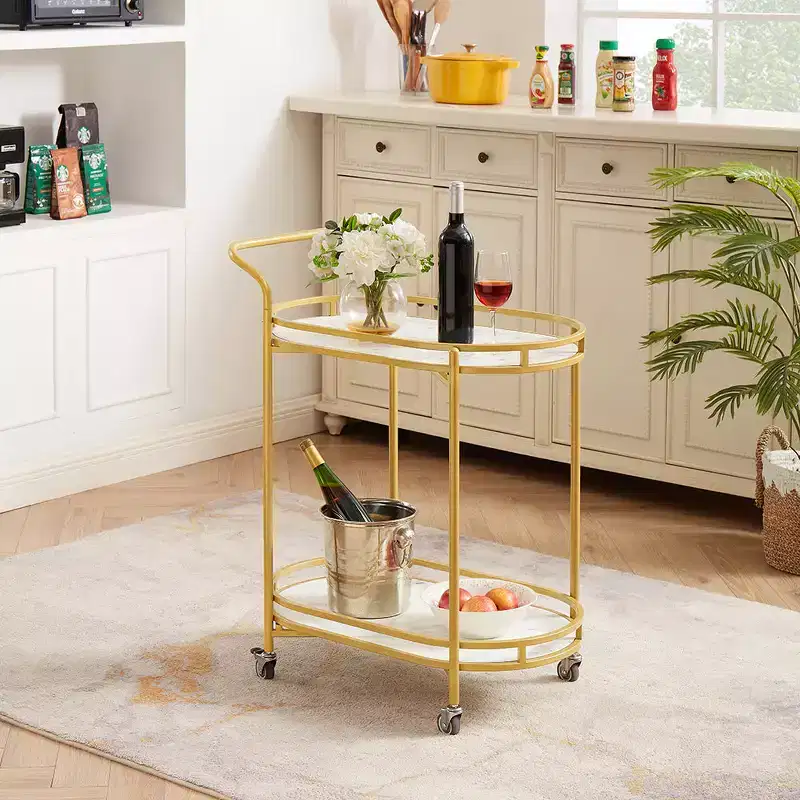 Rosary Blenn Modern Gold Bar Cart with Wheels  2-Tier Rolling Serving Trolley