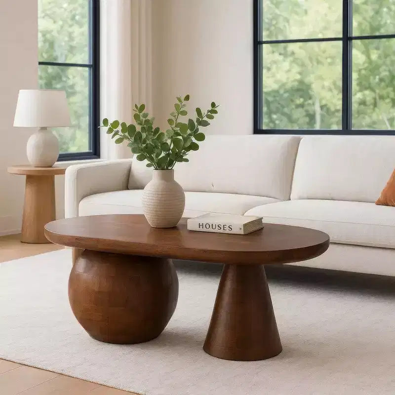 Royal Hampton Coffee Table | 38 Handmade Mango Wood Oval Top | Round Ball and Cone Base