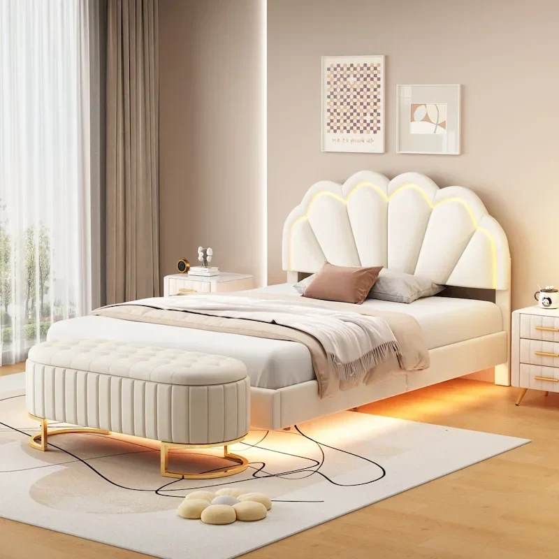 2-Pieces Bedroom Sets Full LED Platform Bed with Storage Ottoman
