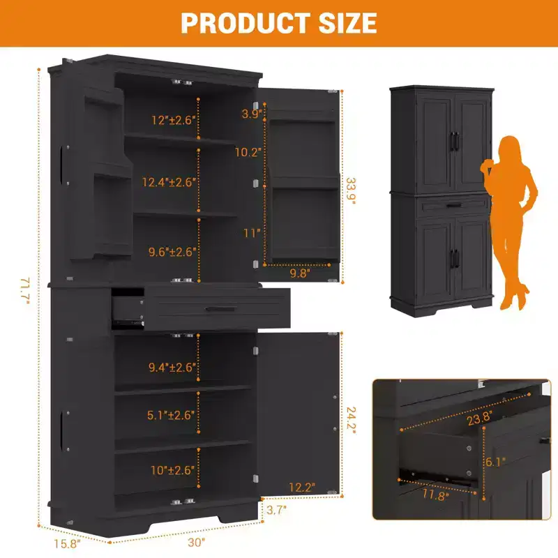 Black Freestanding Pantry Cabinet with Drawer, 4 Adjustable Shelves, 6 Door Shelves