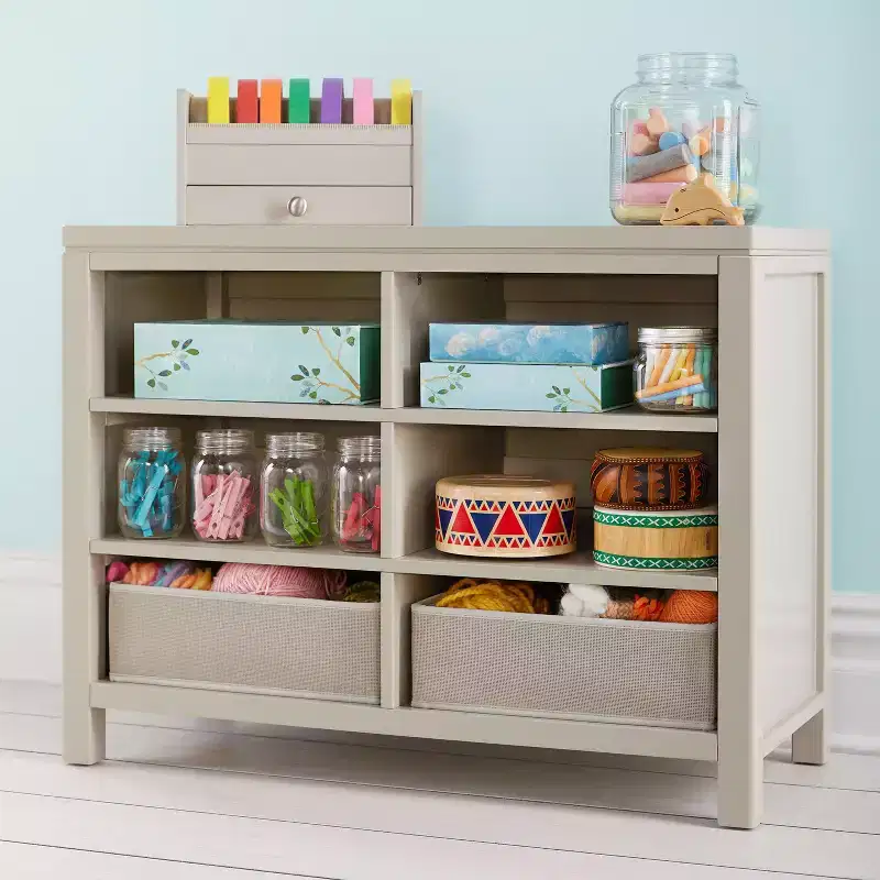 Kids Double Open Storage Unit with Fabric Bins for Arts and Crafts