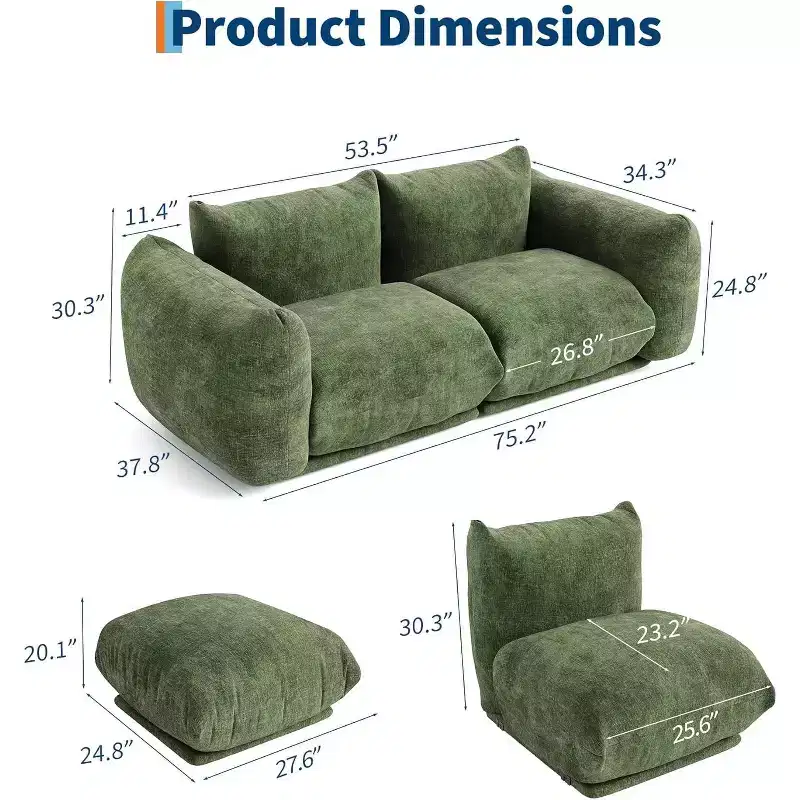 Chenille Fabric Modular Love Seat Sofa, 2-Seater Cloud sofa with High Resilience Sponge, Small Space Boneless Sofa