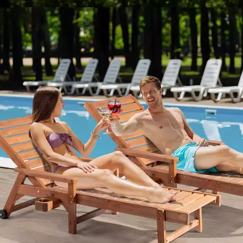 VINGLI Wooden Outdoor Chaise Lounge Chair with Adjustable Backrest, Beach&Pool Chaise Lounge with Cup Holder & Wheels