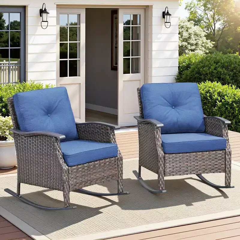Set of 2 Outdoor Rocking Glider Chairs with Cushions, All-Weather Gray Wicker Patio Rockers for Porch, Garden, Deck, or Backyard-Panipeachy