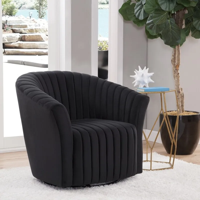 Velvet 360° Swivel Barrel Accent Chair, Single Seat – Black / Pepper Grey / Caribbean