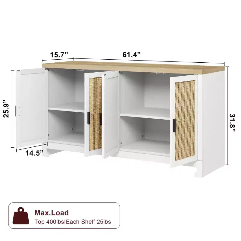 Modern Rattan Storage Cabinet with 4 Woven Doors & Adjustable Shelf - Console Table & Coffee Bar for Kitchen, Dining & Living Room, Accent Cabinet