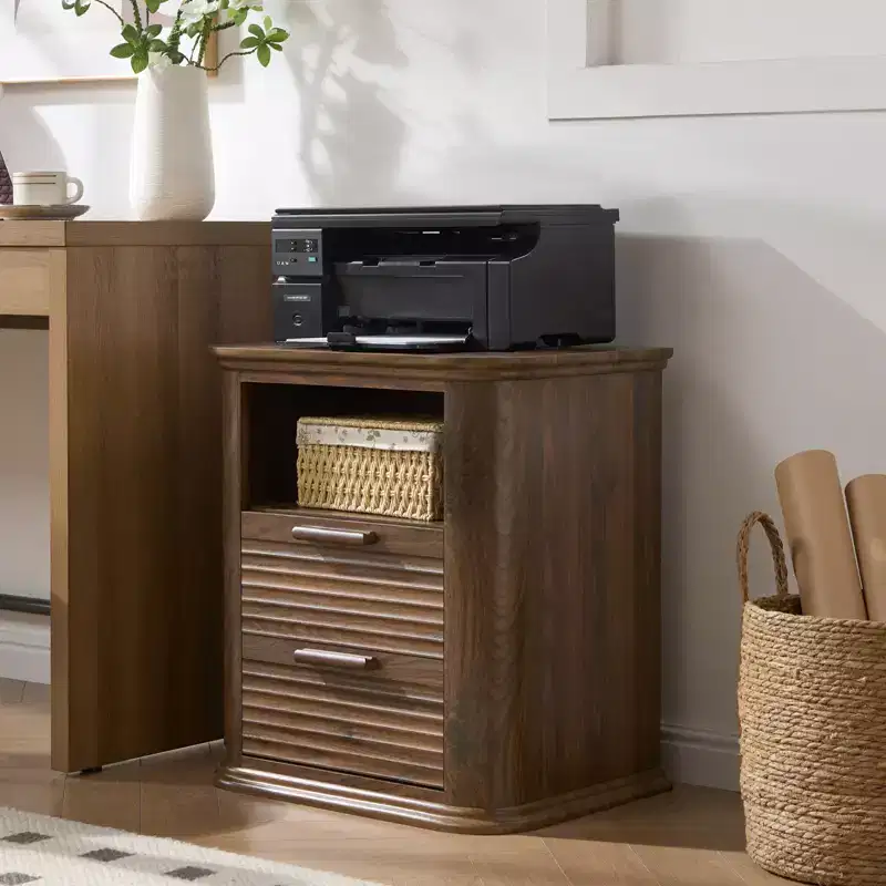 JVNOXK 22-inch Modern Bedside Table with Curved Charging Station, Featuring 2 Drawers and Open Storage Space, Suitable for Bedrooms, Walnut