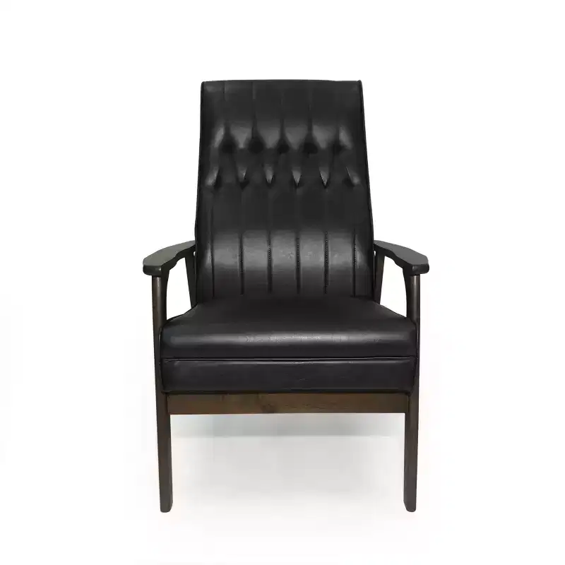 Mid Century Faux Leather Upholstered Accent Chair, Modern High Back Armchair, Leisure Wood Club Chair