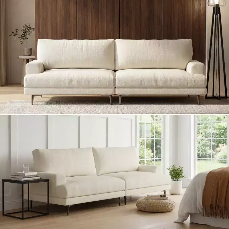 86.61 Modern Cotton Sofa 3 Seater Couch with Down Filled Back Cushions Deep Seat Furniture for Living Room Beige Gaoyangjiaju