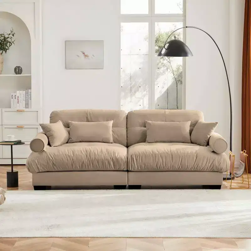 Two Seater Sofa with Bolstered Armrest Waist Pillows Throw Pilloes for Living Room Hallway Camel