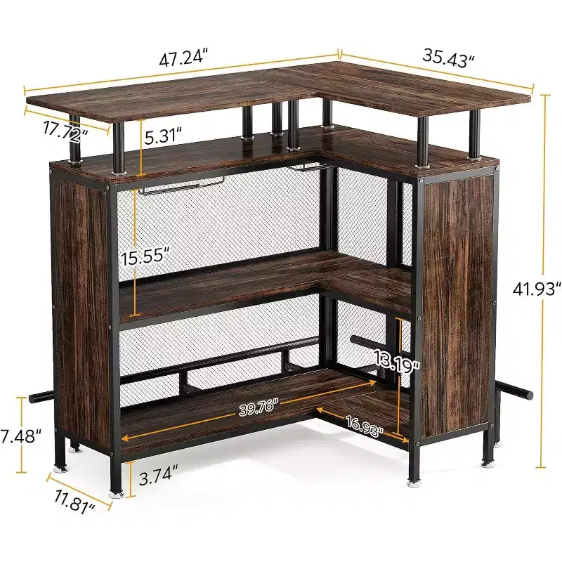 Lantine L-Shaped Home Bar Unit: Rustic Brown, with stemware racks, 2-tier shelves, footrest.
