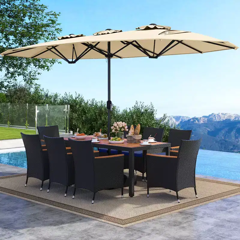 Costway 11 PCS Patio Wicker Dining Set with Double-Sided Outdoor Umbrella 8 Chairs Orange/Turquoise