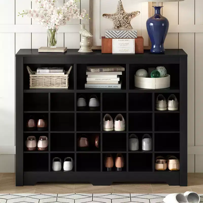 Rustic Shoe Storage Cabinet, Entryway Shoe Rack with 24-Shoe Cubby Console and Curved Base