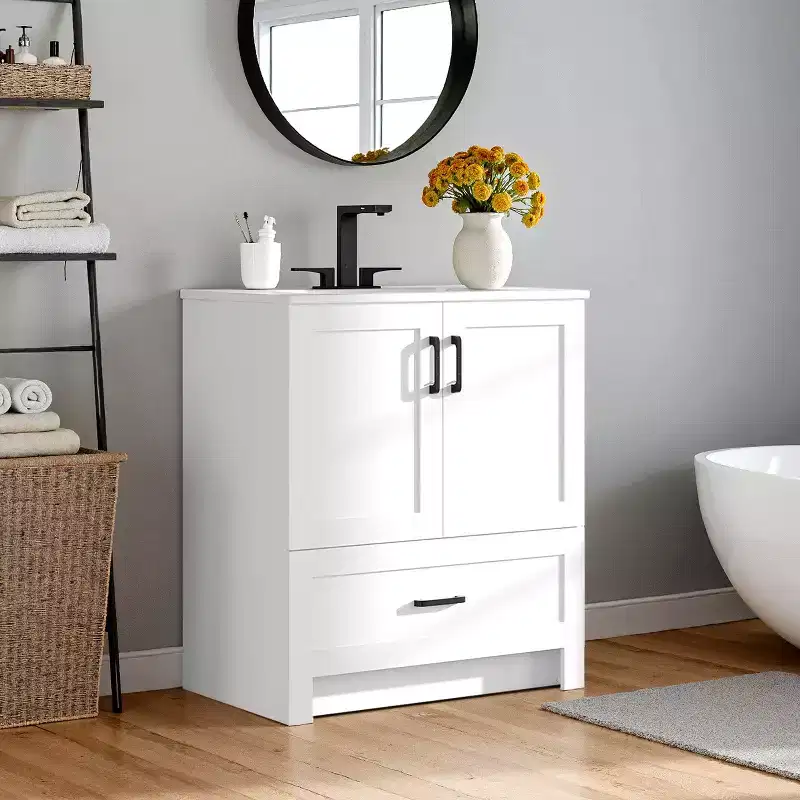 34-Inch Tall Modern Freestanding Bathroom Vanity with Sink, White