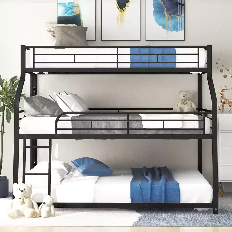 Triple Bunk Bed with Twin XL, Full XL, and Queen Sizes, Metal Bunk Bed Frame with Ladder and Full-Length Guardrails -HABITRIO