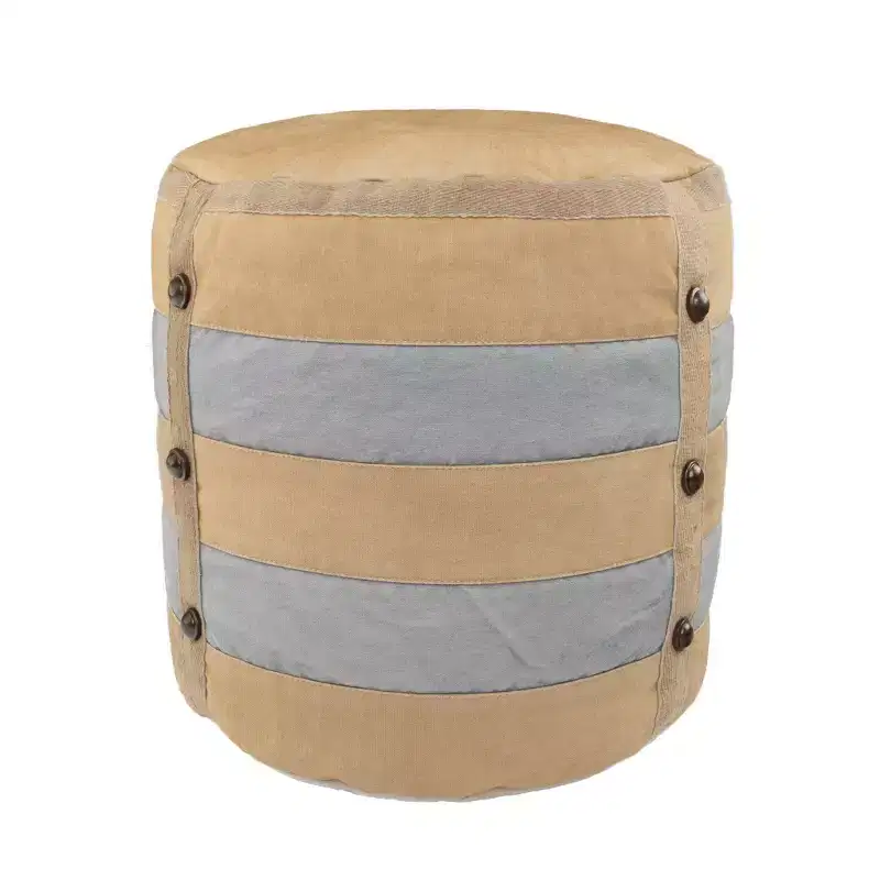 HomeRoots 16 Tan Cotton Cylinder Striped Pouf Ottoman