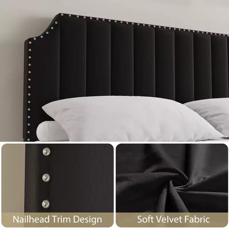 Velvet bed frame, high vertical stripe quilted headboard and footboard with rivets, upholstered platform bed, sturdy wood slats