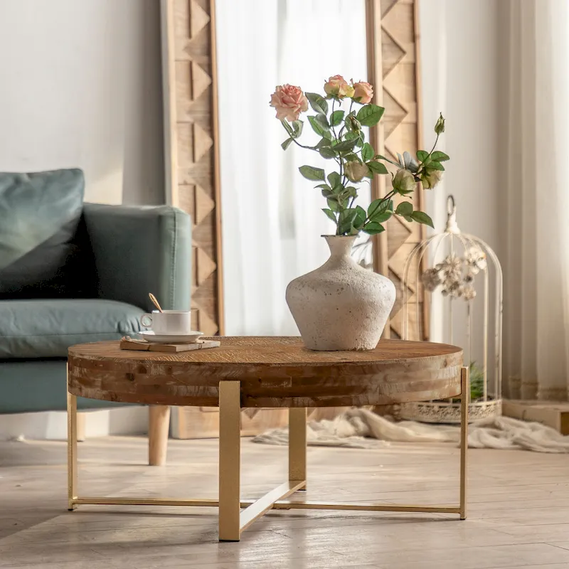 Retro Round Coffee Table | Fir Wood Top & Gold Cross Metal Legs
