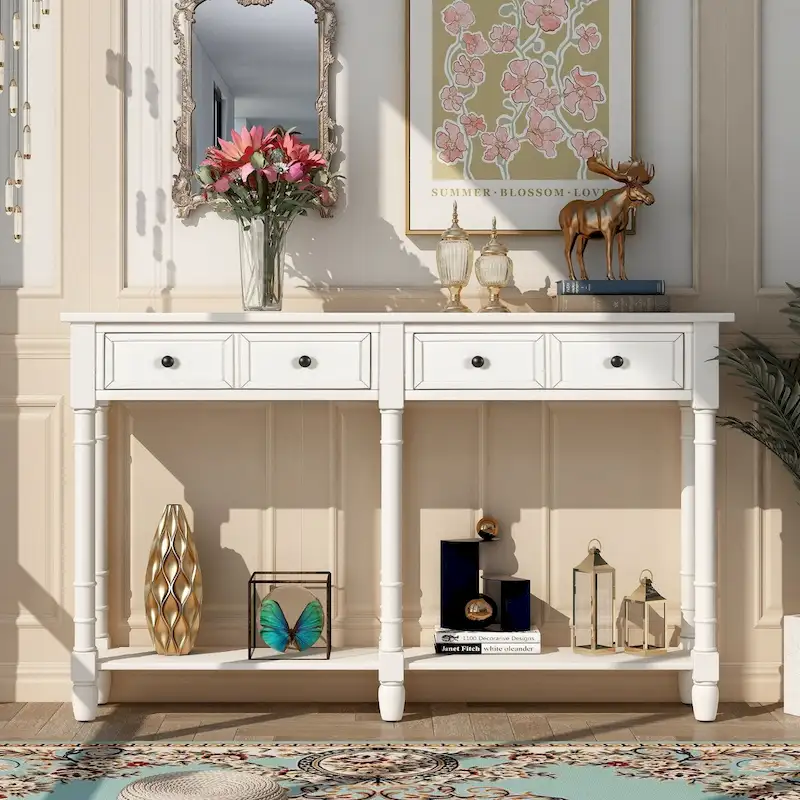 Barn Console Table Sofa Table Easy Assembly with Two Storage Drawers and Bottom Shelf for Living Room, Entryway