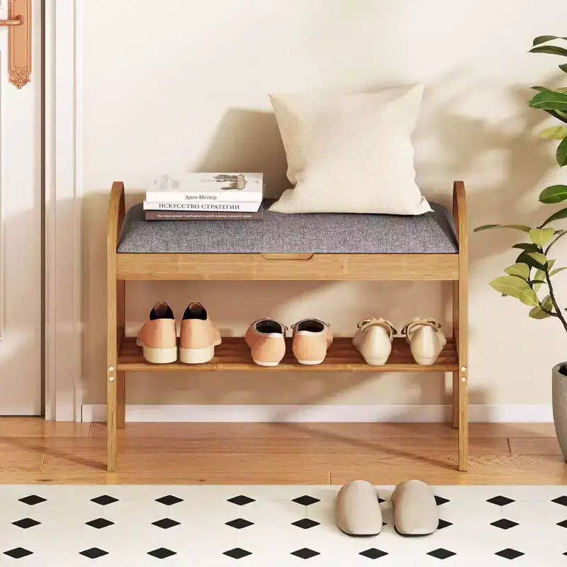 Bamboo Entryway Shoe Bench with Flip-Top Storage, Padded Cushion & 2-Tier Shoe Rack