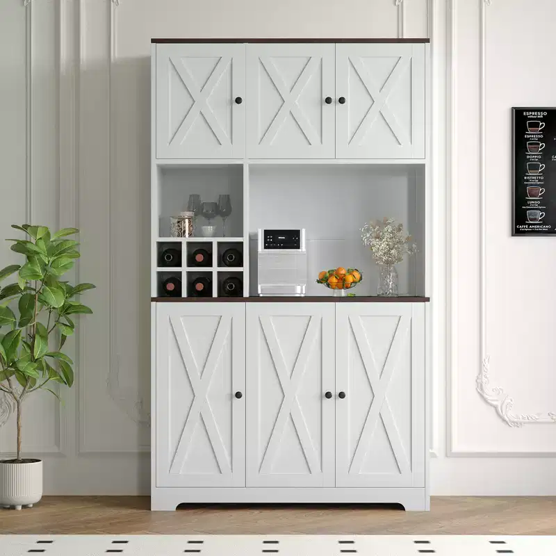 71 Tall White Kitchen Pantry Cabinet Hutch with Charging Station, Farmhouse Freestanding Cupboard with Microwave Stand & Drawers & Wine Bar Storage