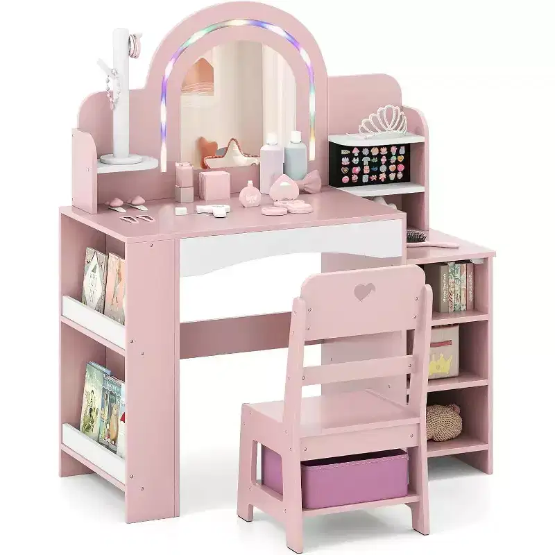 '-Girls Vanity Set for Kids with Lighted Mirror Open Bookshelf Ring Slot Jewelry Storage