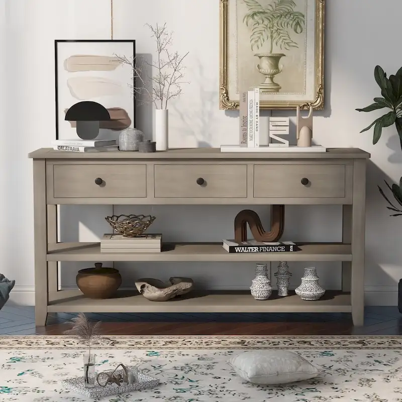 Retro Console Table Sofa Table with 2 Open Shelves and 3 Drawers, Pine Solid Wood Frame and Legs for Living Room, Entryway