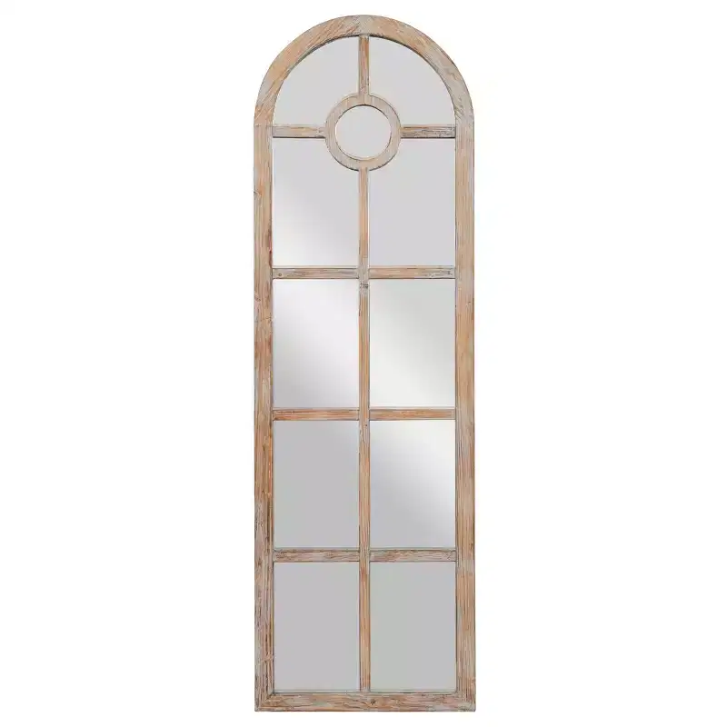 Olivia & May Glass Window Pane Inspired Wall Mirror with Arched Top Brown: Distressed Finish, Wood Frame, No Assembly Required
