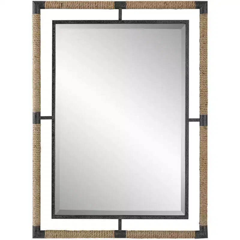 Uttermost Rectangular Vanity Decorative Wall Mirror Modern Beveled Rust Black Natural Rope Forged Iron Frame 28 Wide for Bathroom