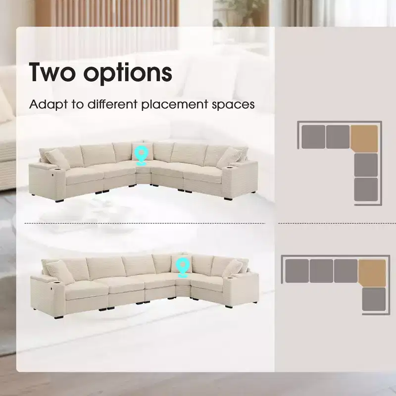 Oversized Convertible L-Shaped Sectional Sofa with Armrest Storage & USB Charger
