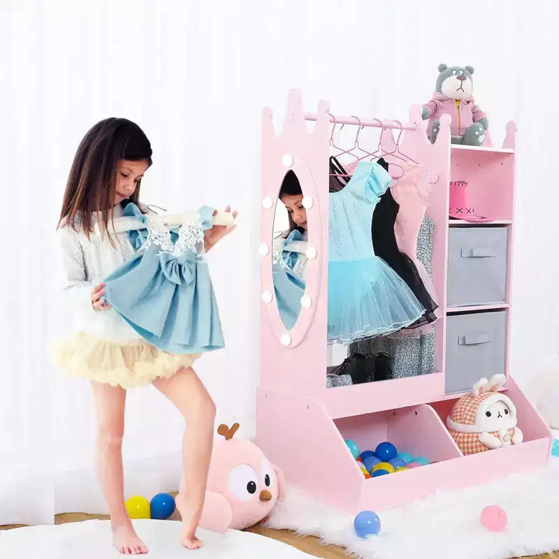Kids Dress Up Wardrobe with Light and Mirror  Wooden Armoire Closet  Open Hanging Clothing Rack, Storage Bins for Girls Bedroom or Playroom