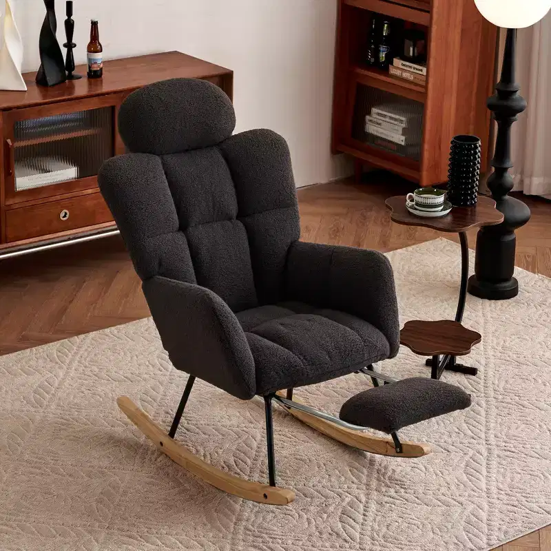 Teddy Fabric Upholstered Rocking Glider Chair, Mid Century Modern Accent Arm Chair with High Backrest and Pillows - ModernLuxe